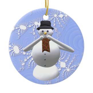 The Speak No Evil snowman with black hat and red scarf hanging ornament