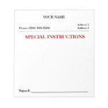 Special Instructions Slip Note Pad (White)
