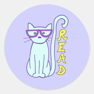 Spectacle Cat with Purple Glasses with Read sign Classic Round Sticker