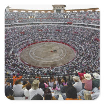 Spectators watching a bullfight in a bullring, square stickers