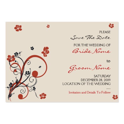 Spirals & Flowers Wedding Save TheDate Minicard Business Card Template (back side)