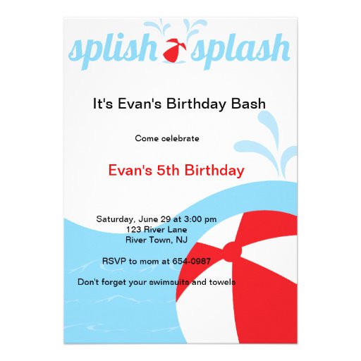 Splish Splash Birthday Pool Party Invitations (front side)