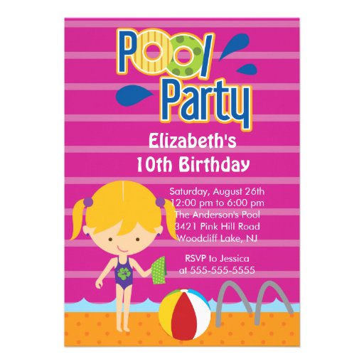 Splish Splash Pool Party Birthday Invitation girl (front side)