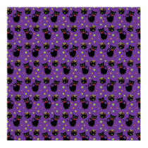 Spooky Black Cat and Cauldron Halloween Pattern Posters