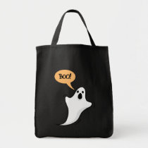 Spooky ghost saying Boo! on black bag