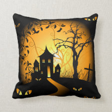 Spooky Halloween House on Moonlit Night Pillows