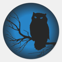 Spooky Owl Blue Moon Round Stickers