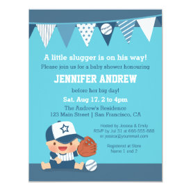 Sports Boy Blue Baseball Baby Shower Invitations