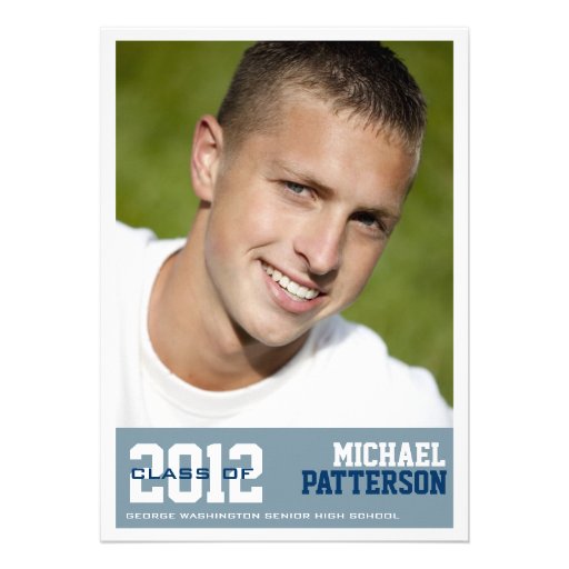 Sports Guy Photo Graduation Party Invitation Blue (front side)