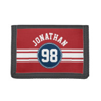 Sports Jersey Navy Blue & Red Stripes Name Number Tri-fold Wallet