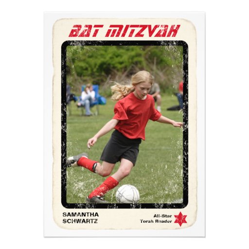 Sports Star Bat Mitzvah Invitation in Red (front side)