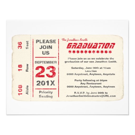 Sports Star Ticket Graduation, Red Personalized Invitation (front side)