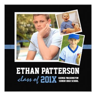 Sporty 3 Photo Graduation Announcement Black Blue