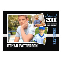 Sporty 3 Photo Graduation Announcement Black Blue invitations