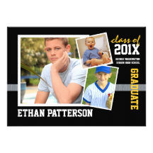 Sporty 3 Photo Graduation Announcement Black Gold