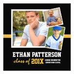 Sporty 3 Photo Graduation Announcement Black Gold