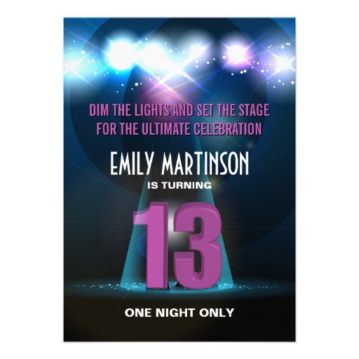 Spotlight Star Purple 13th Birthday Party Personalized Invitations
