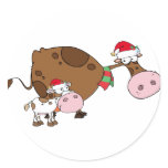 Spotted Calf By A Mom Dairy Cow With Santa's Hats Round Stickers