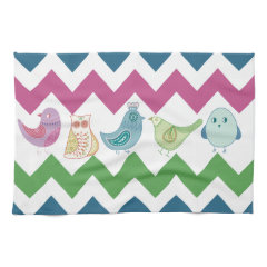 Spring Chevron Stripes Cute Whimsical Birds Owl Hand Towels
