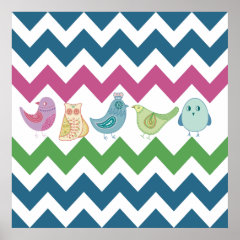 Spring Chevron Stripes Cute Whimsical Birds Owl Posters