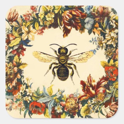 SPRING FLOWERS HONEY BEE / BEEKEEPER SQUARE STICKER