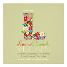 Spring Flowers Monogram Baby Girl Photo Birth Personalized Announcements