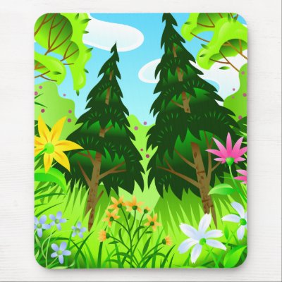 Spring Forest Trees and Flowers Scene Mouse Pads by doonidesigns