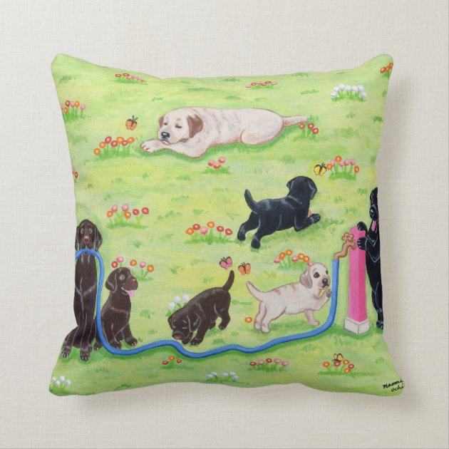 Spring Fun Labradors Painting Throw Pillows