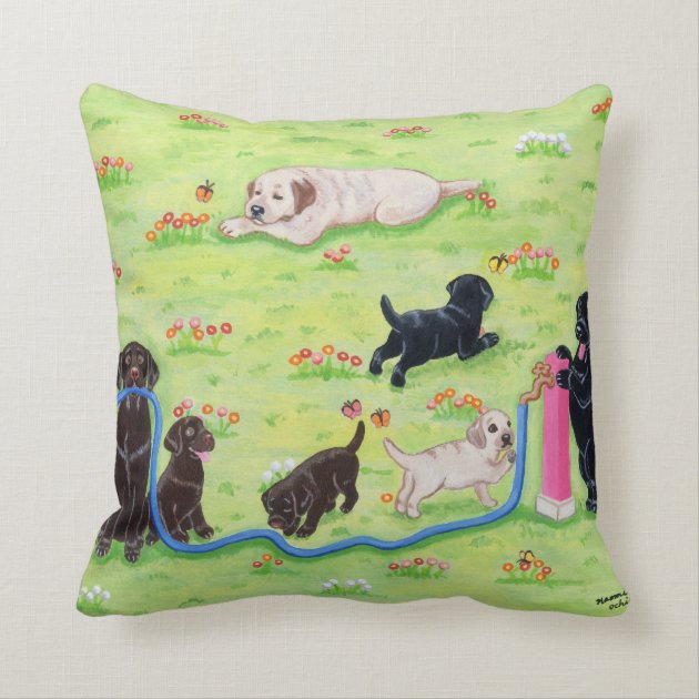 Spring Fun Labradors Painting Throw Pillows-1