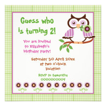 Spring owl kids birthday party green border invitation