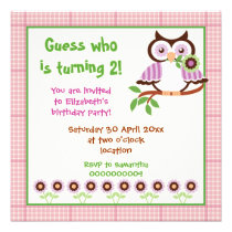Spring owl kids birthday party pink border custom invite