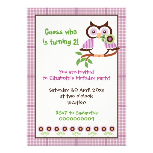Spring owl kids birthday party purple border custom invitation