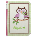 Spring owl with green plaid border Kindle case