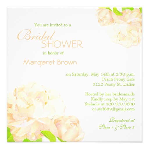 Spring Peach Peony Bridal Shower Invitations