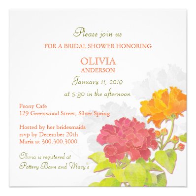 Spring Red Orange Peony Floral Bridal Shower Personalized Invitations