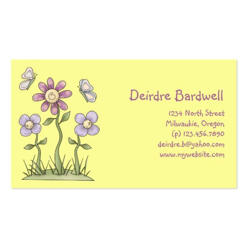 Spring Stuff · Purple Flowers & Butterflies Business Card Template (front side)