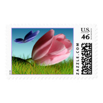 Spring Tulip And Purple Butterfly Postage Stamp
