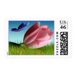 Spring Tulip And Purple Butterfly Postage Stamp stamp