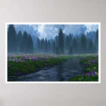mountains, forest, flowers, spring, creek, grass, clouds, digital art posters, Poster with custom graphic design