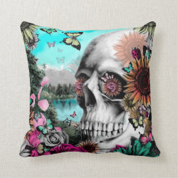 Springtime Landscape Skull with butterflies Throw Pillows