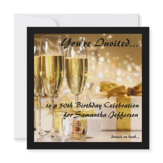 Sq Champagne and Sparkles Golden 50th Invitations invitation