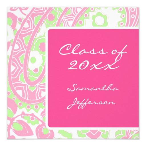 Sqare Pink Green Paisley Graduation/Party Custom Announcement (front side)