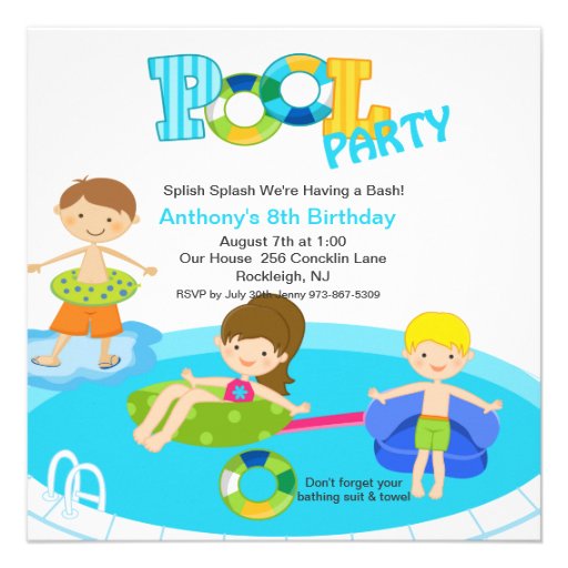 Square Blue Pool Party Boys Birthday Invitation (front side)