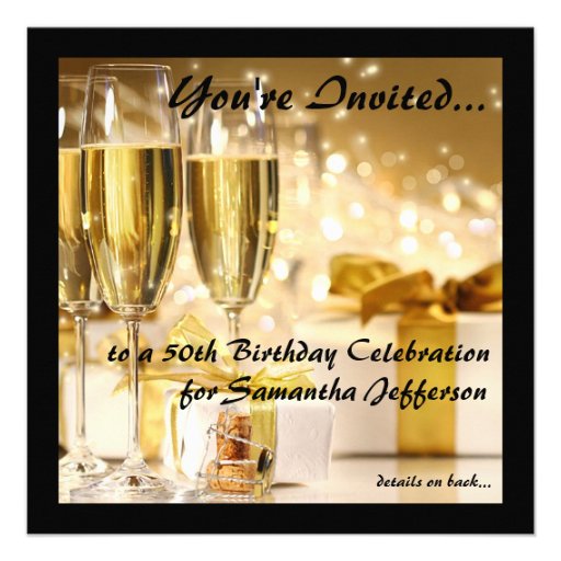 Square Champagne Sparkle Golden 50th Birthday Invitation