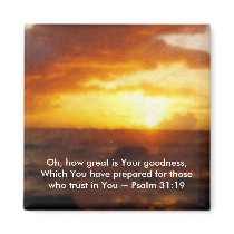 Square Magnet Scripture ~ Sunset, Ocean, PS 31:19