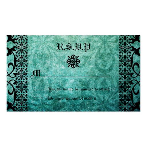 Square Ornate Green Damask Gothic Wedding RSVP Business Card Templates (front side)