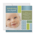 Square Patchwork Blue Designer Birth Announcement invitations by BabyShoppe Square Patchwork Blue Designer Birth Announcement invitations