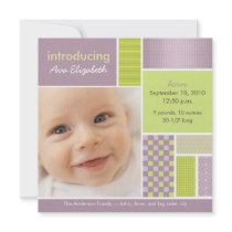 Square Patchwork Lilac Designer Birth Announcement