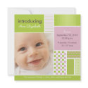 Square Patchwork Lime Designer Birth Announcement invitations by BabyShoppe Square Patchwork Lime Designer Birth Announcement invitations