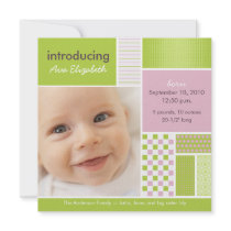 Square Patchwork Lime Designer Birth Announcement